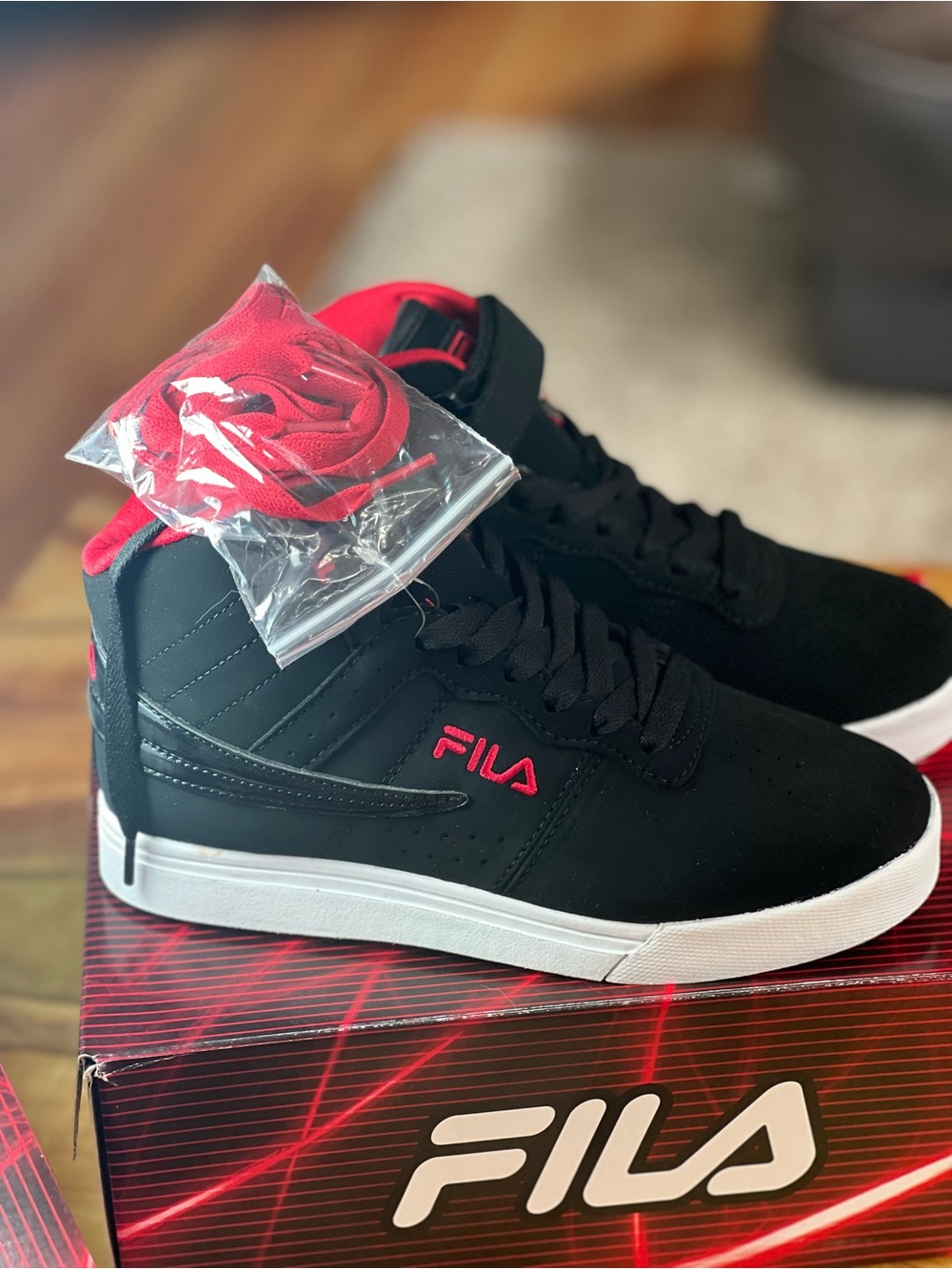 Fila Vulc 13 Mid-Top Sneakers in Black with Red Accents